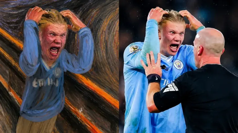 Split image of Erling Haaland furiously screaming at a referee, contrasted with a dramatic artistic version of the same reaction inspired by The Scream