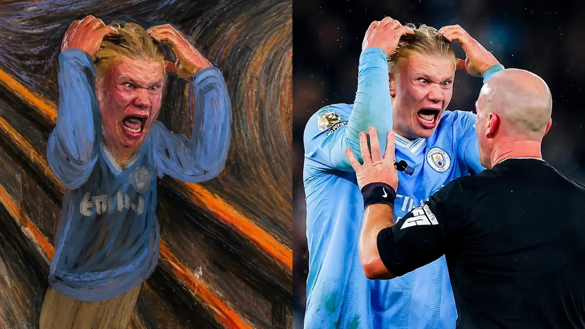 Split image of Erling Haaland furiously screaming at a referee, contrasted with a dramatic artistic version of the same reaction inspired by The Scream